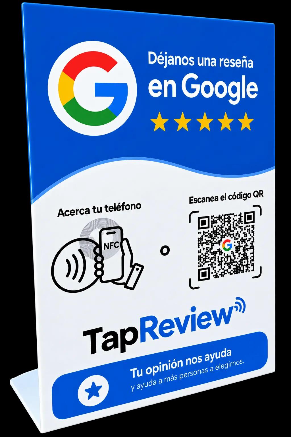 Placa NFC TapRevew con soporte azul, producto oficial para recibir reseñas en Google