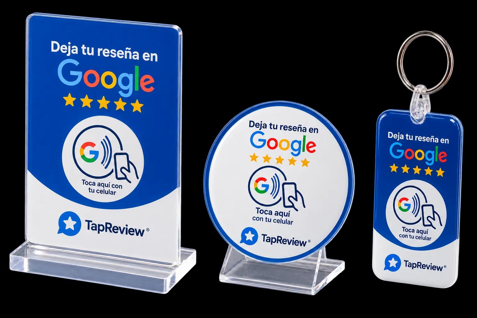 Tres piezas TapRevew NFC y QR para diferentes puntos de atención: mostrador, mesa y llavero