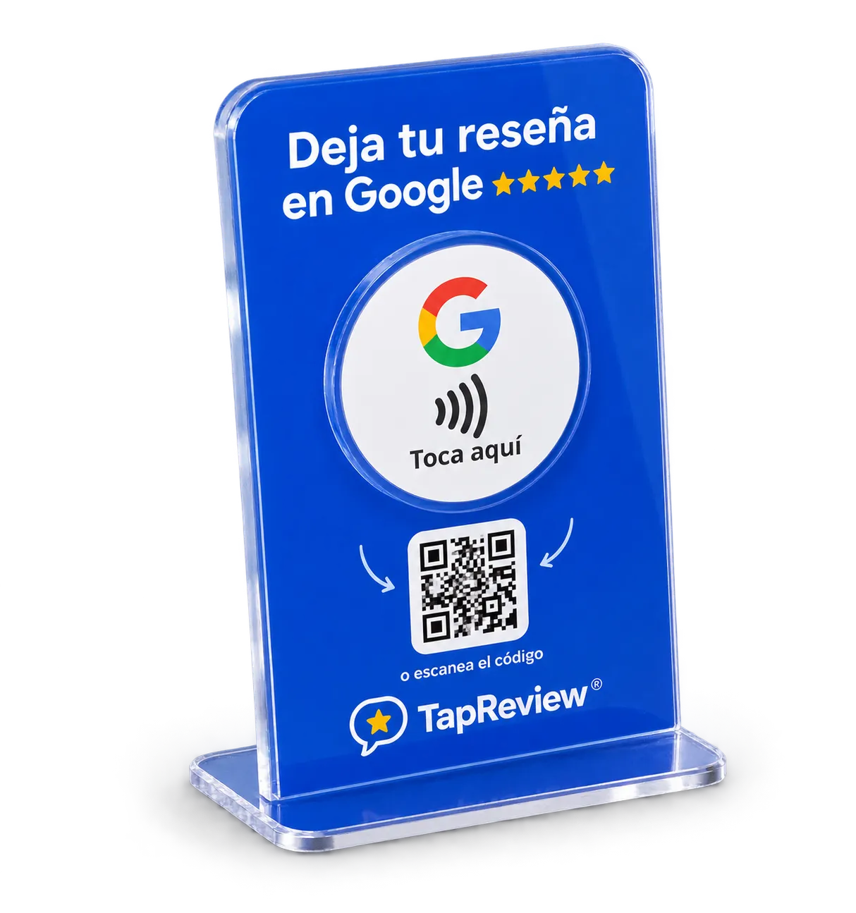 Pieza azul TapRevew con icono NFC para equipos en movimiento